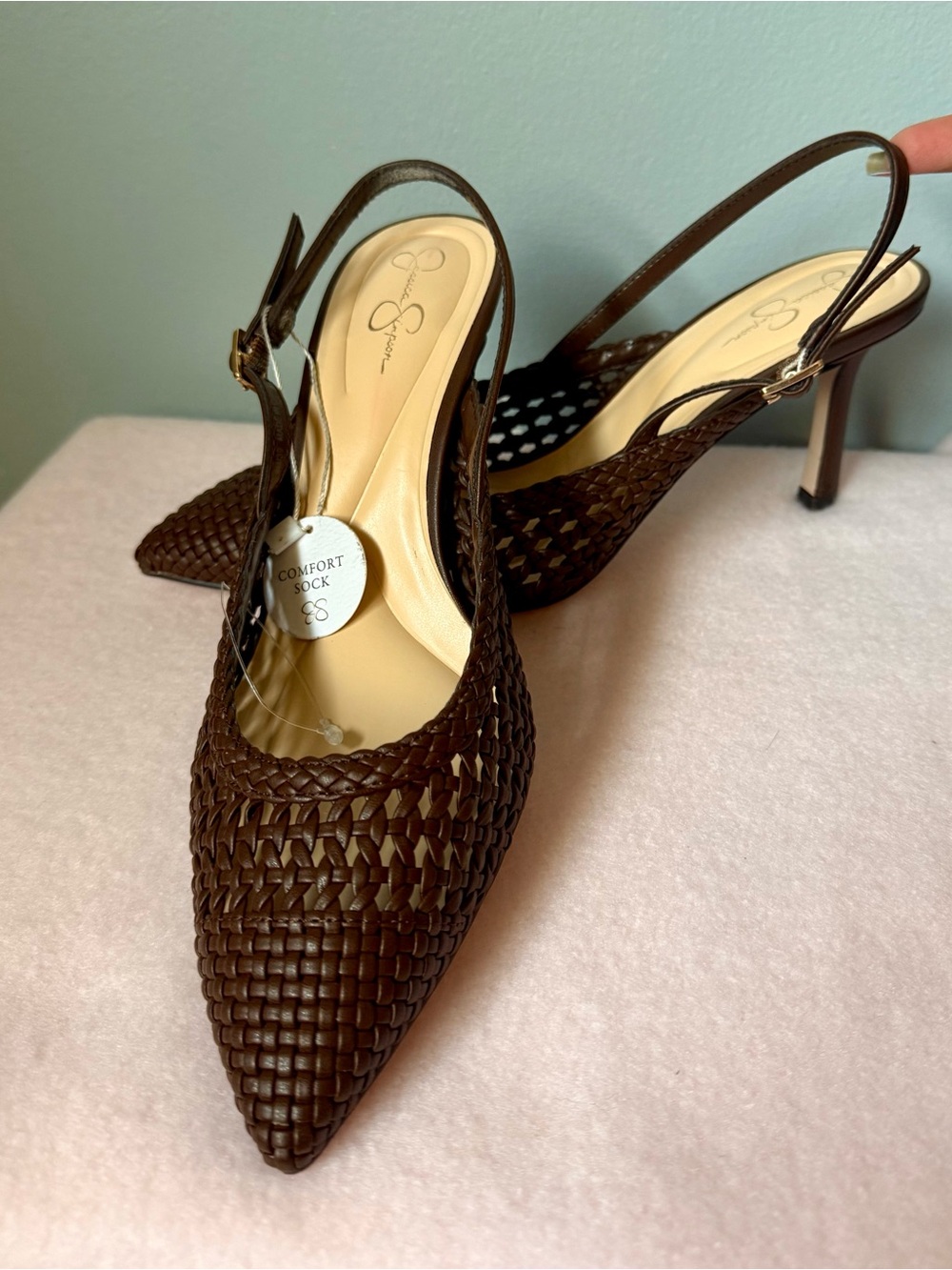 Jessica Simpson Dark Brown Woven Pointed Slingback Heels 8